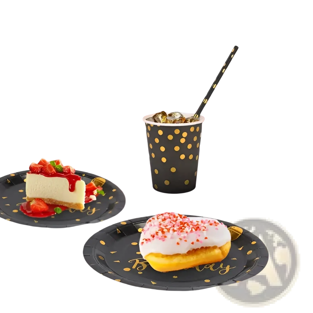 Black paper plates with gold polka dots and happy birthday script for black gold birthday party supplies set 25 guests