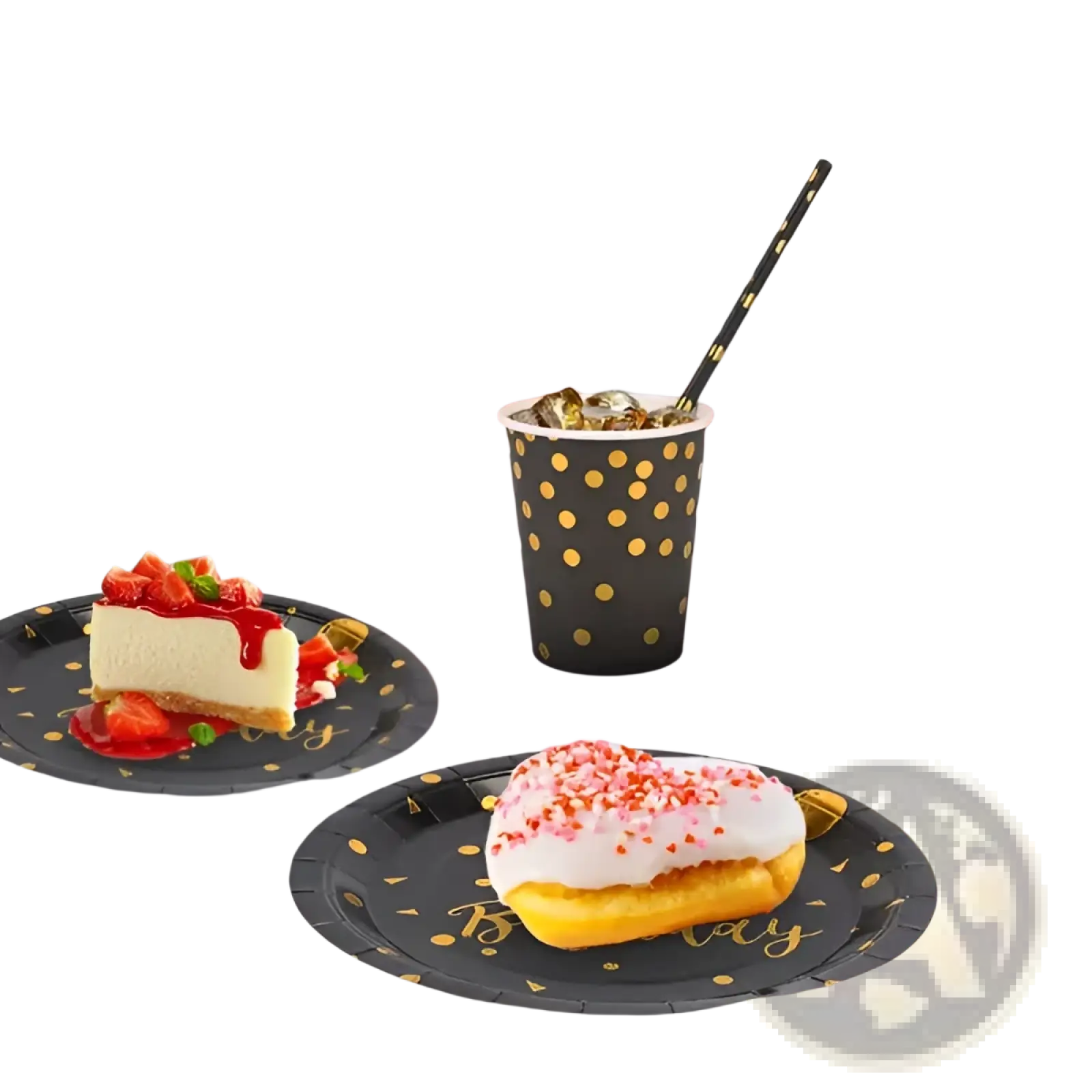 Black paper plates with gold polka dots and happy birthday script for black gold birthday party supplies set 25 guests