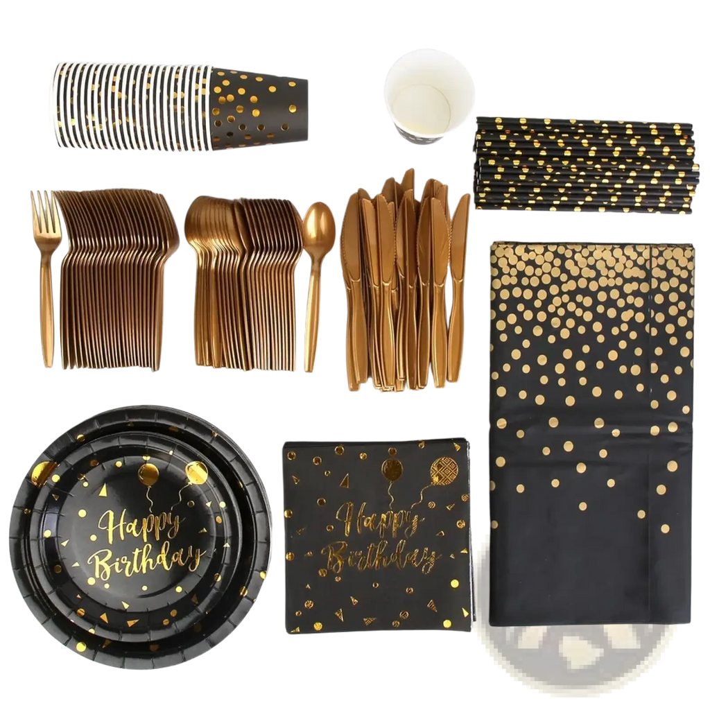 Black gold birthday party supplies set for 25 guests featuring black and gold confetti paper plates napkins cups straws and cutlery with metallic gold foil accents