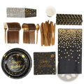 Black gold birthday party supplies set for 25 guests featuring black and gold confetti paper plates napkins cups straws and cutlery with metallic gold foil accents