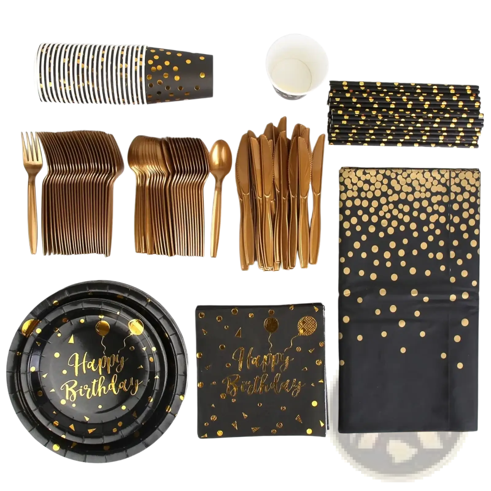 Black gold birthday party supplies set for 25 guests featuring black and gold confetti paper plates napkins cups straws and cutlery with metallic gold foil accents