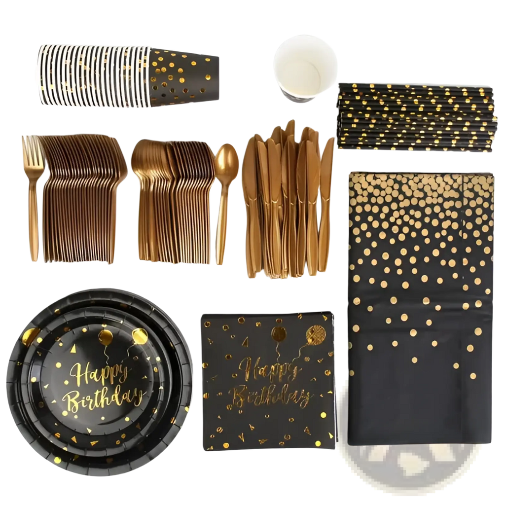 Black gold birthday party supplies set for 25 guests with metallic utensils paper plates napkins cups and straws