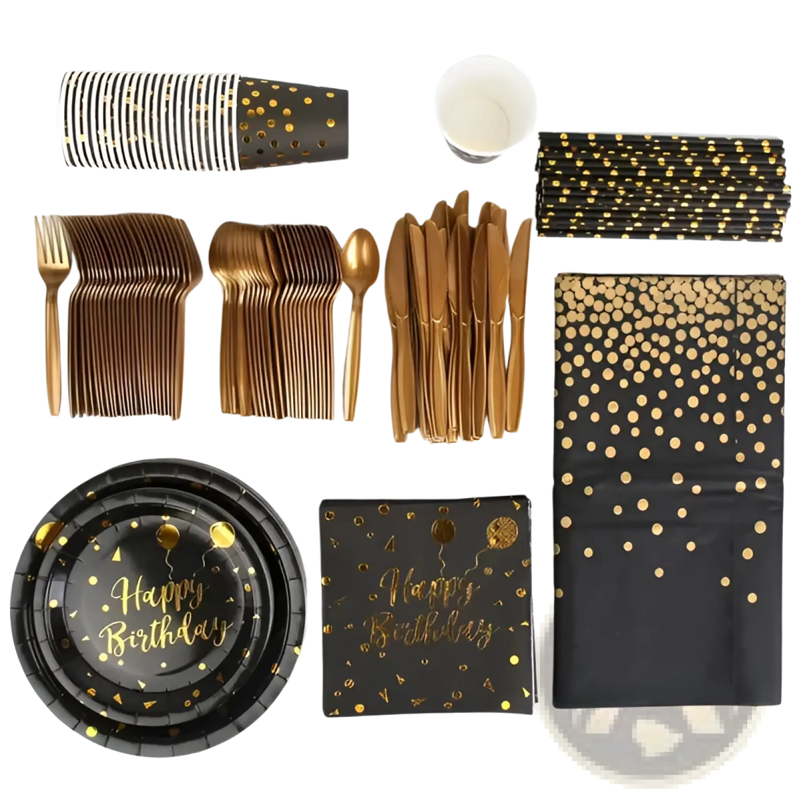 Black gold birthday party supplies set for 25 guests with metallic utensils paper plates napkins cups and straws