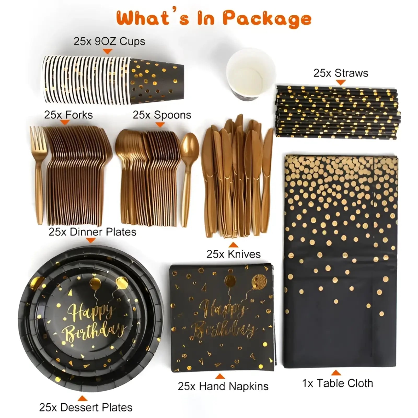Black and gold confetti patterned birthday party tableware set with metallic gold utensils for 25 guests