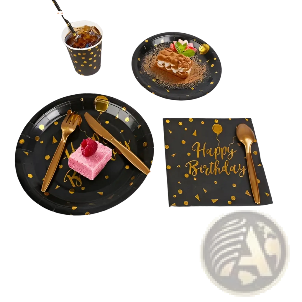 Black disposable dinnerware set with gold polka dots and golden utensils featuring happy birthday napkin design for 25 guests