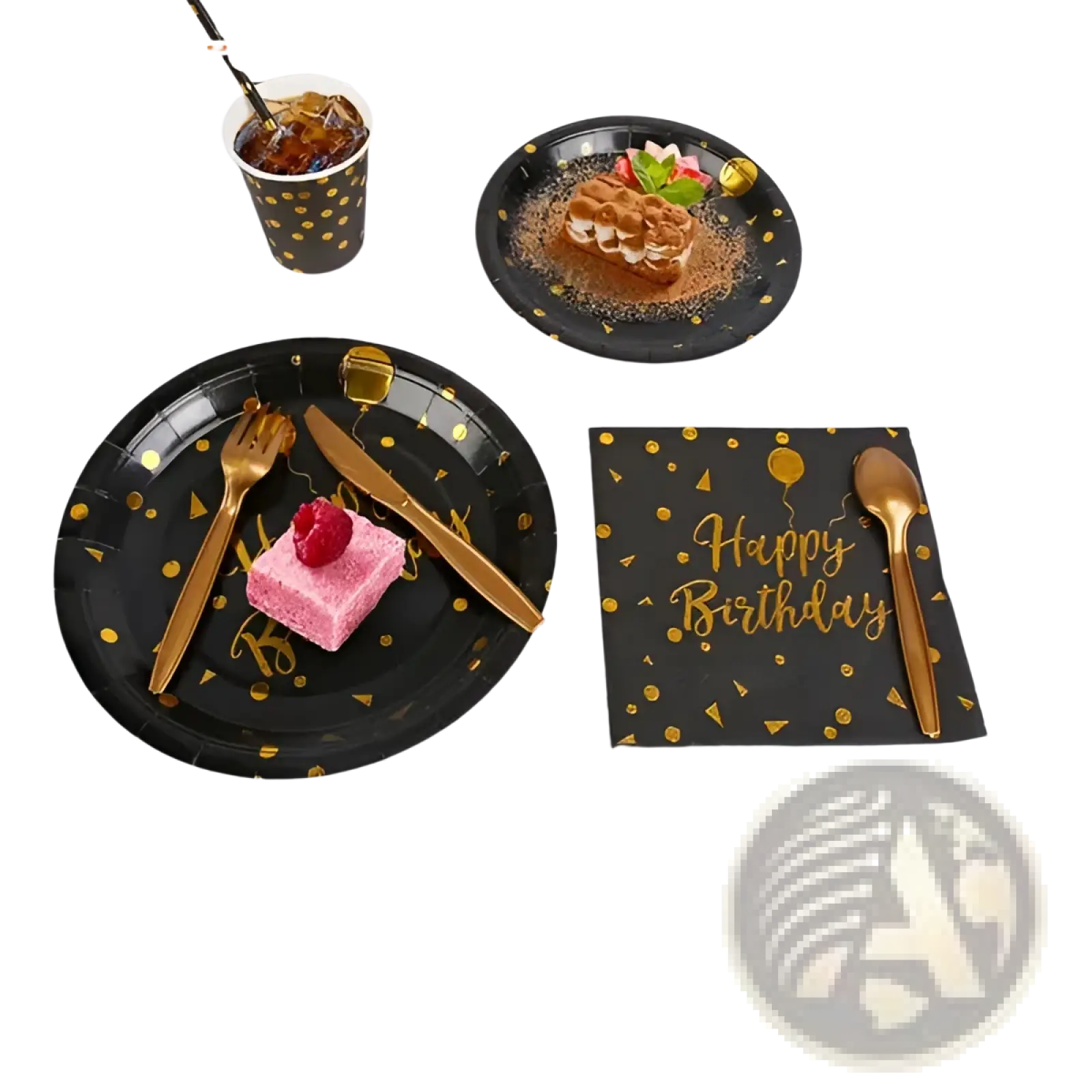 Black disposable dinnerware set with gold polka dots and golden utensils featuring happy birthday napkin design for 25 guests