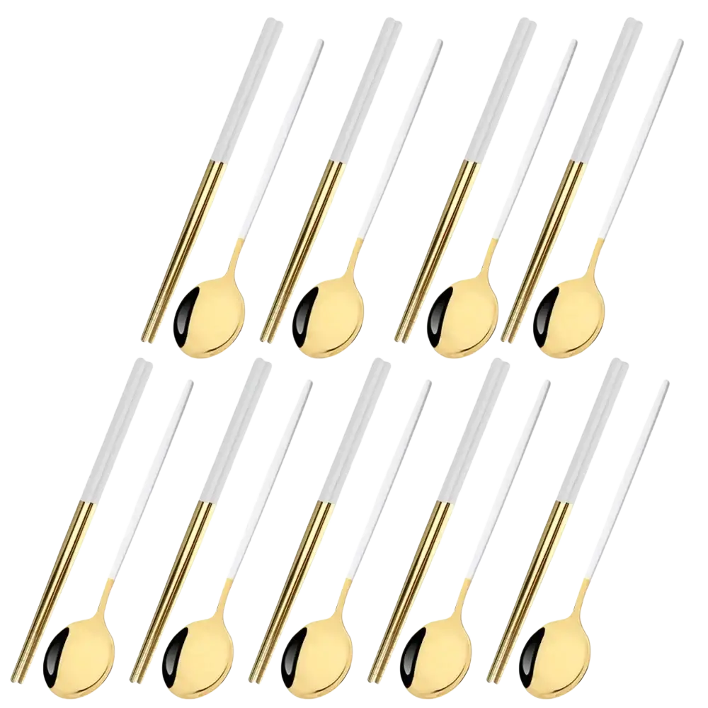 Set of 18 gold and white stainless steel chopsticks with matching spoon sets featuring a sleek two-tone design