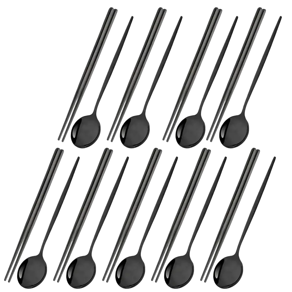 Set of 18 black gold flatware pieces featuring chopsticks and spoons with sleek matte stainless steel handles