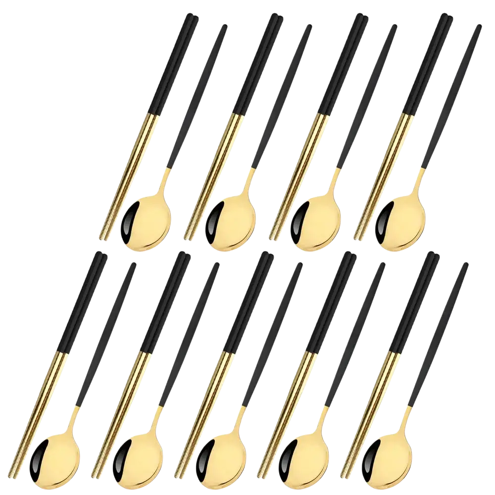 Set of 18 gold and black stainless steel chopsticks and matching spoons from black gold flatware set