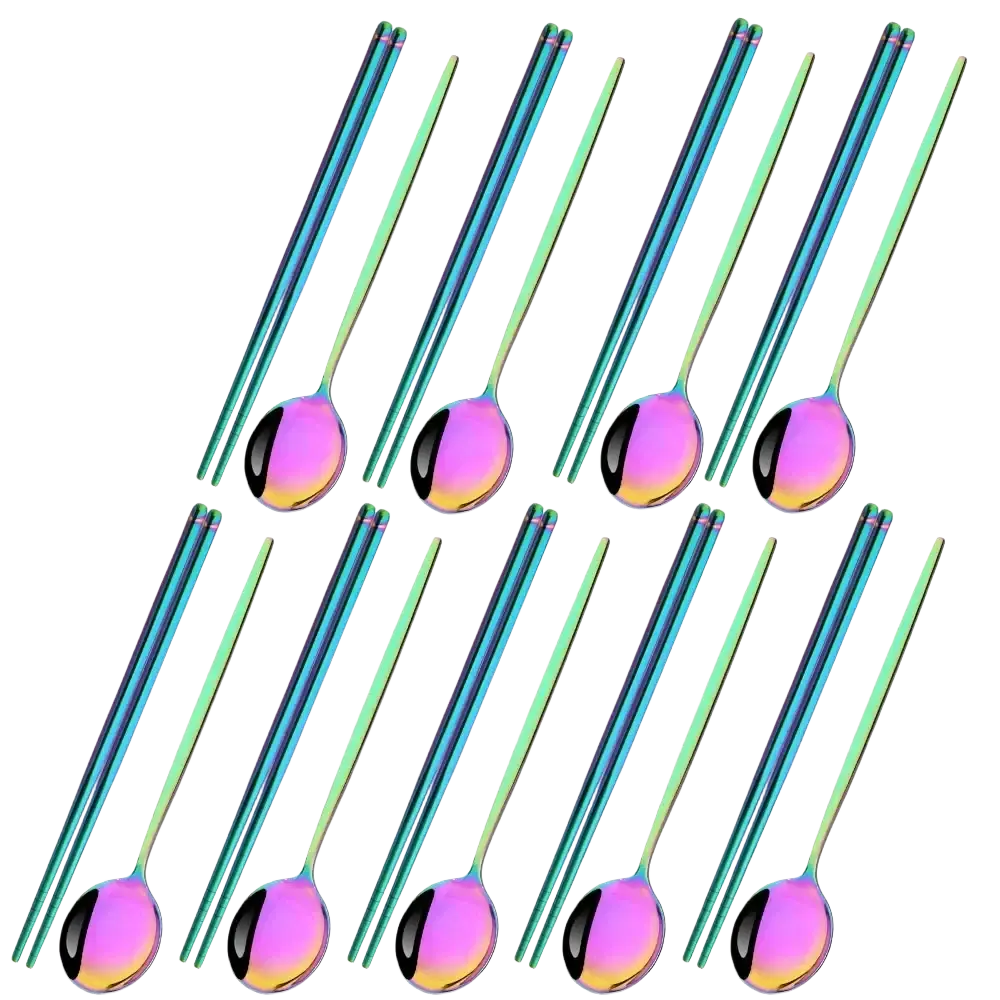 Set of 18 iridescent black gold flatware pieces with rainbow-finished stainless steel chopsticks and spoons