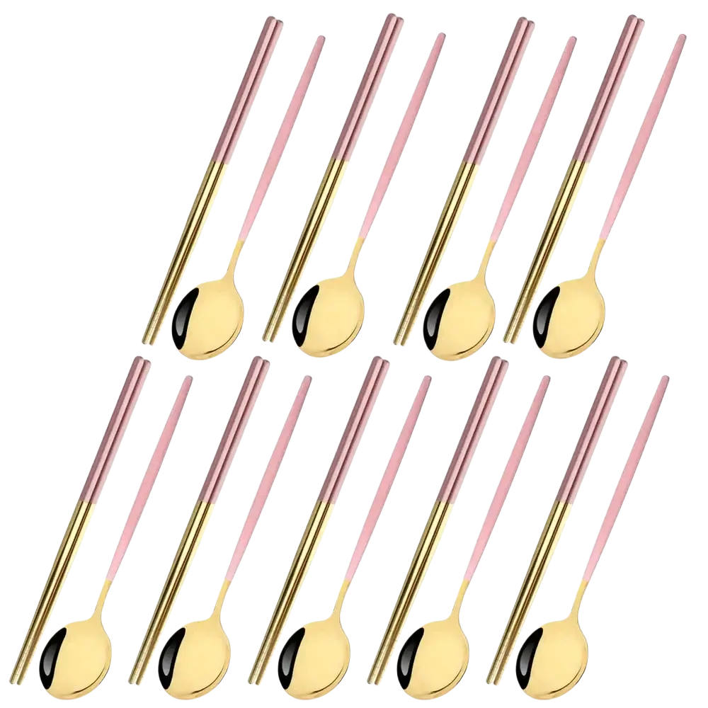 Set of 18 pink and gold two-tone stainless steel chopsticks and spoons with sleek metallic finish from black gold flatware set