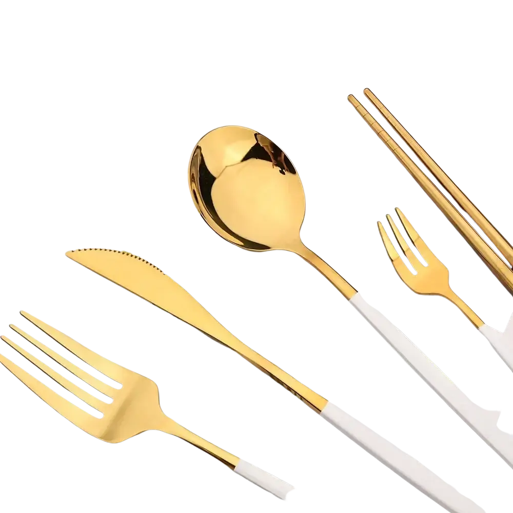 Black gold flatware set 18pcs stainless steel featuring gold stainless steel cutlery with white handles including spoon knife fork and chopsticks