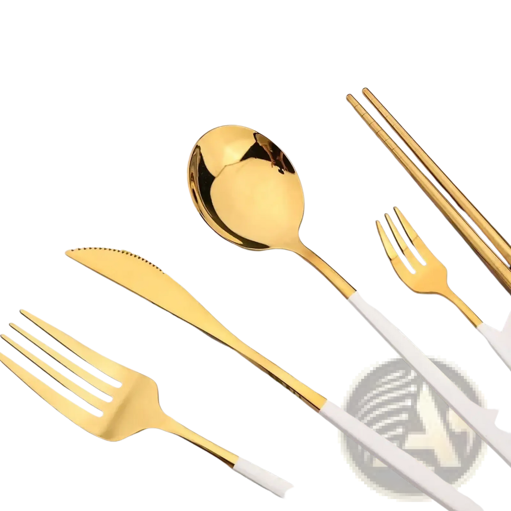 Black gold flatware set 18pcs stainless steel featuring gold stainless steel cutlery with white handles including spoon knife fork and chopsticks