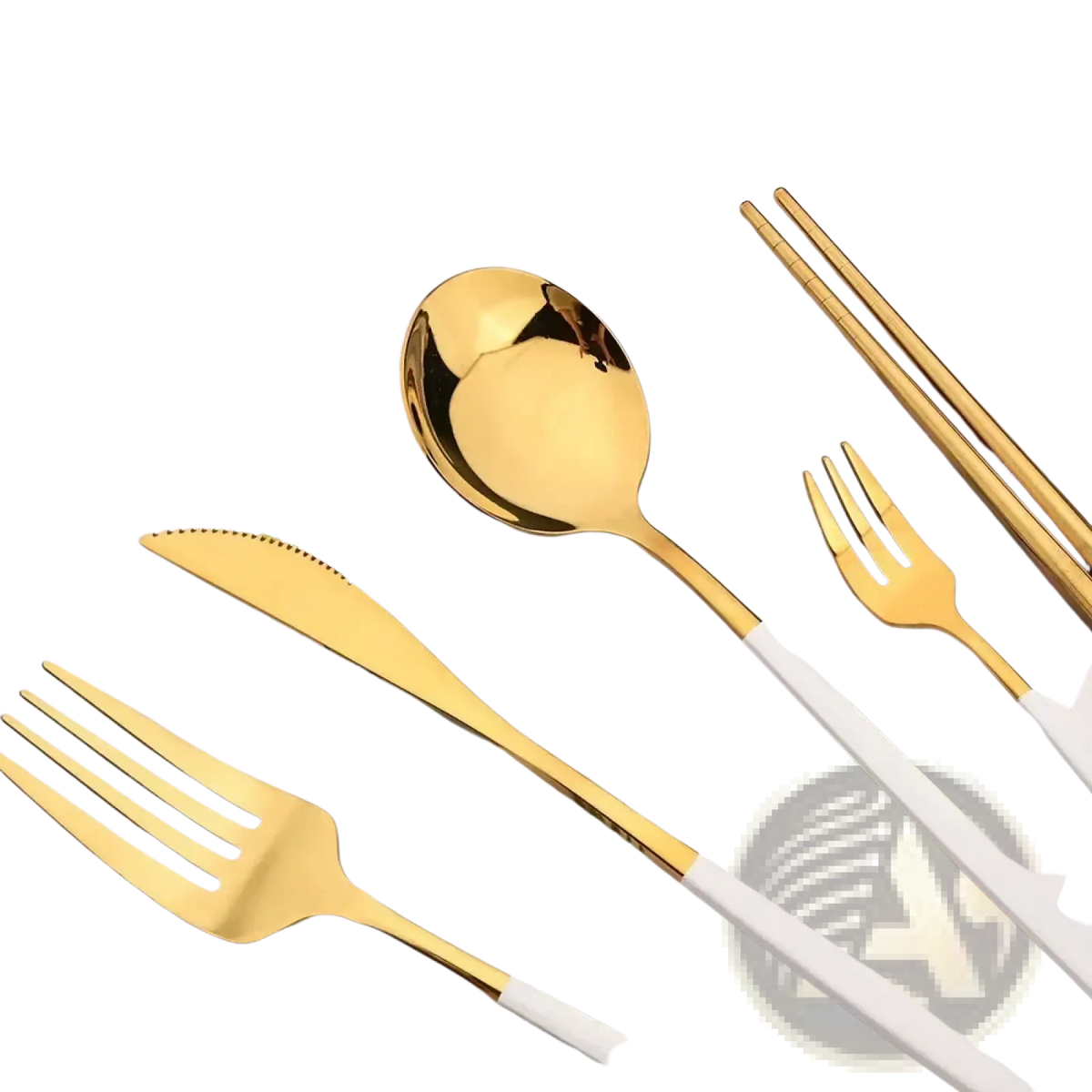 Black gold flatware set 18pcs stainless steel featuring gold stainless steel cutlery with white handles including spoon knife fork and chopsticks