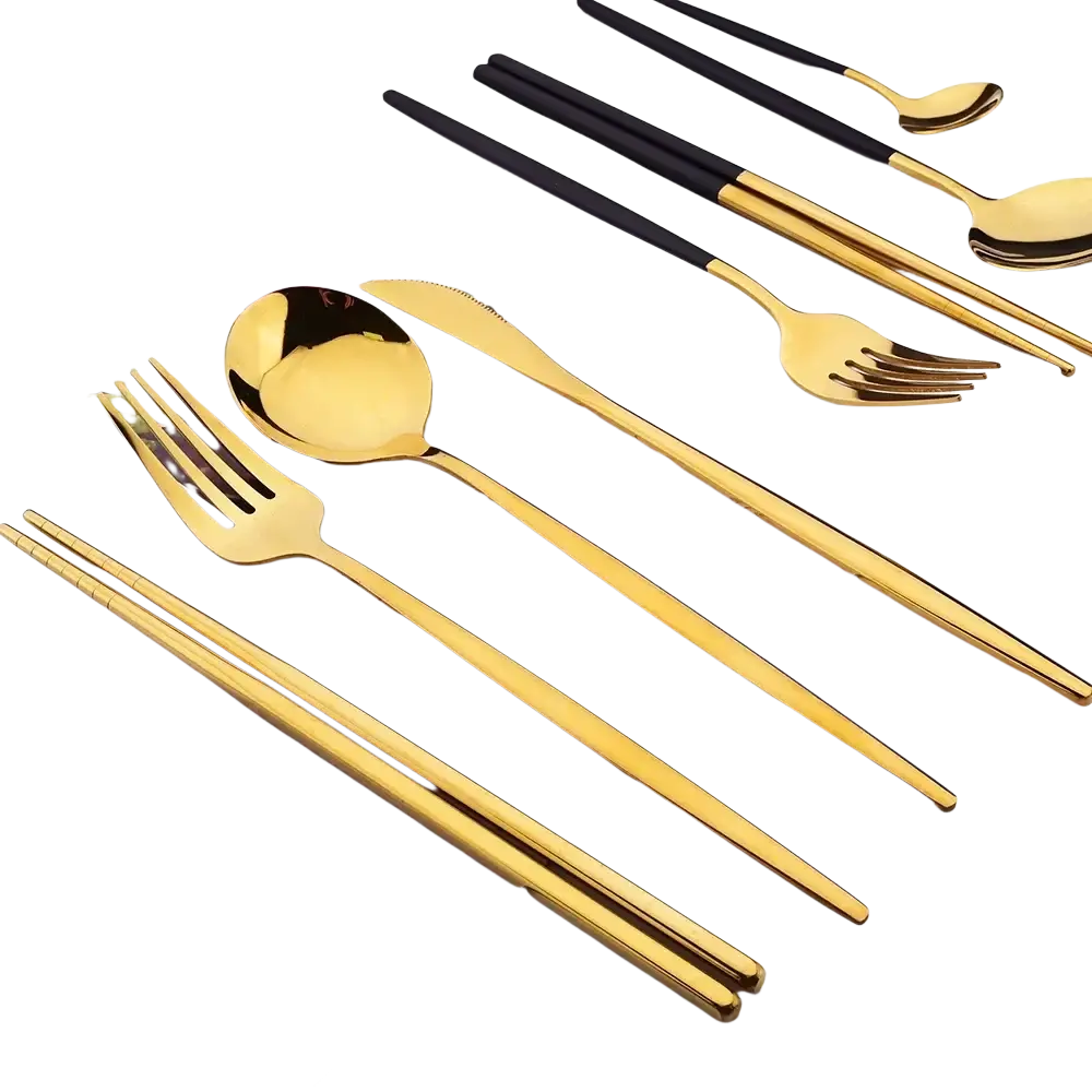 Black gold flatware set 18pcs stainless steel with gold finish and black handled chopsticks featuring sleek modern design
