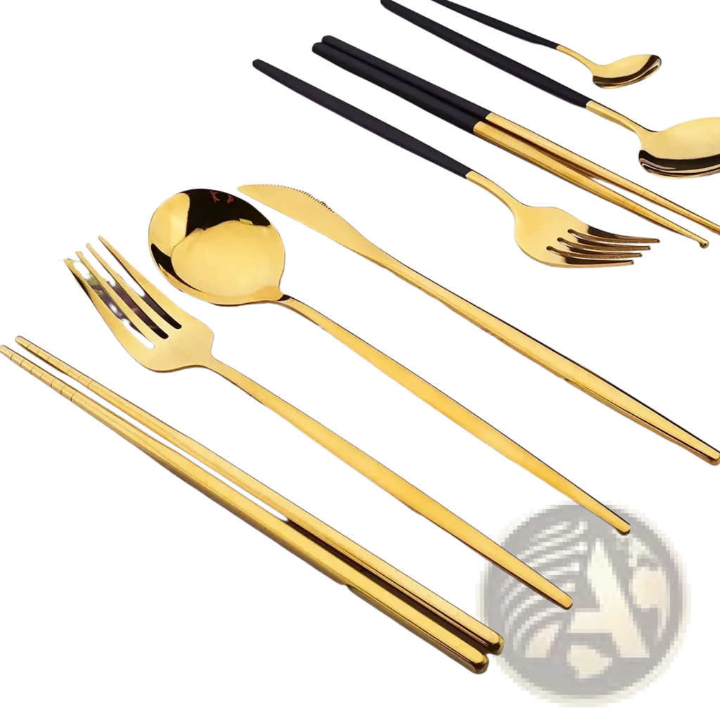 Black gold flatware set 18pcs stainless steel with gold finish and black handled chopsticks featuring sleek modern design