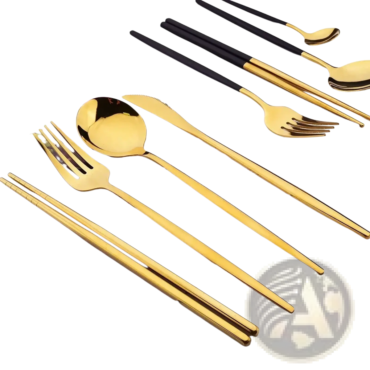 Black gold flatware set 18pcs stainless steel with gold finish and black handled chopsticks featuring sleek modern design