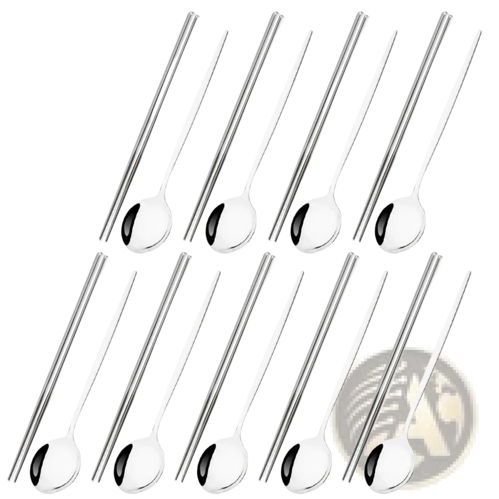 Set of 18 sleek stainless steel chopsticks and spoons with matching black handles from black gold flatware set