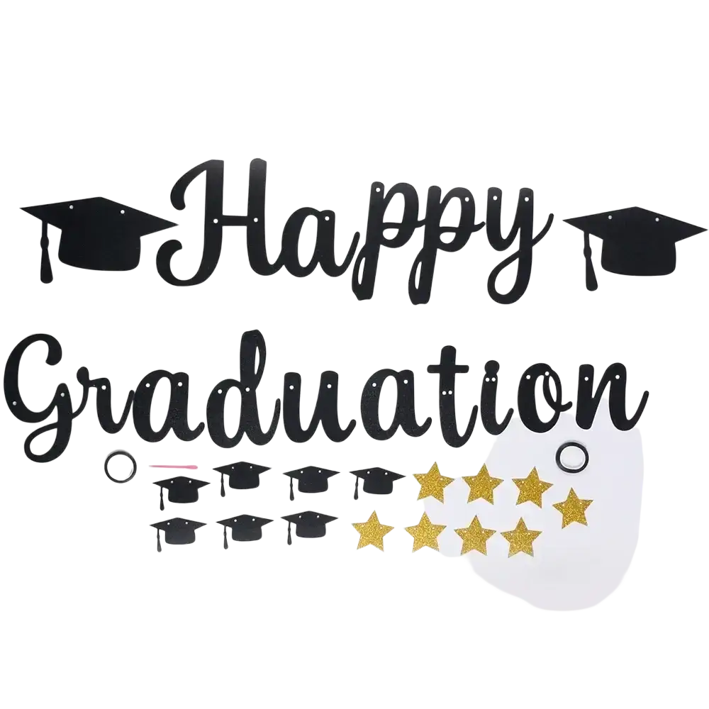 Black gold happy graduation banner featuring a black and gold design with graduation caps and stars for celebrations