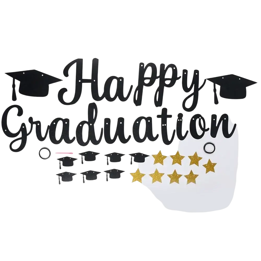 Black gold happy graduation banner featuring black and gold colors with graduation caps and star decorations