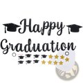 Black gold happy graduation banner featuring a black background with gold stars and graduation caps for celebrations