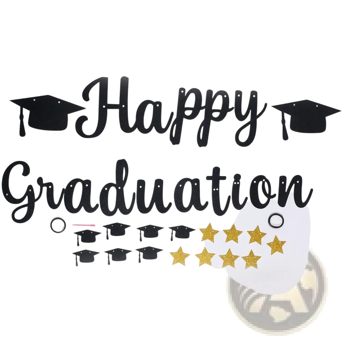 Black gold happy graduation banner featuring a black background with gold stars and graduation caps for celebrations