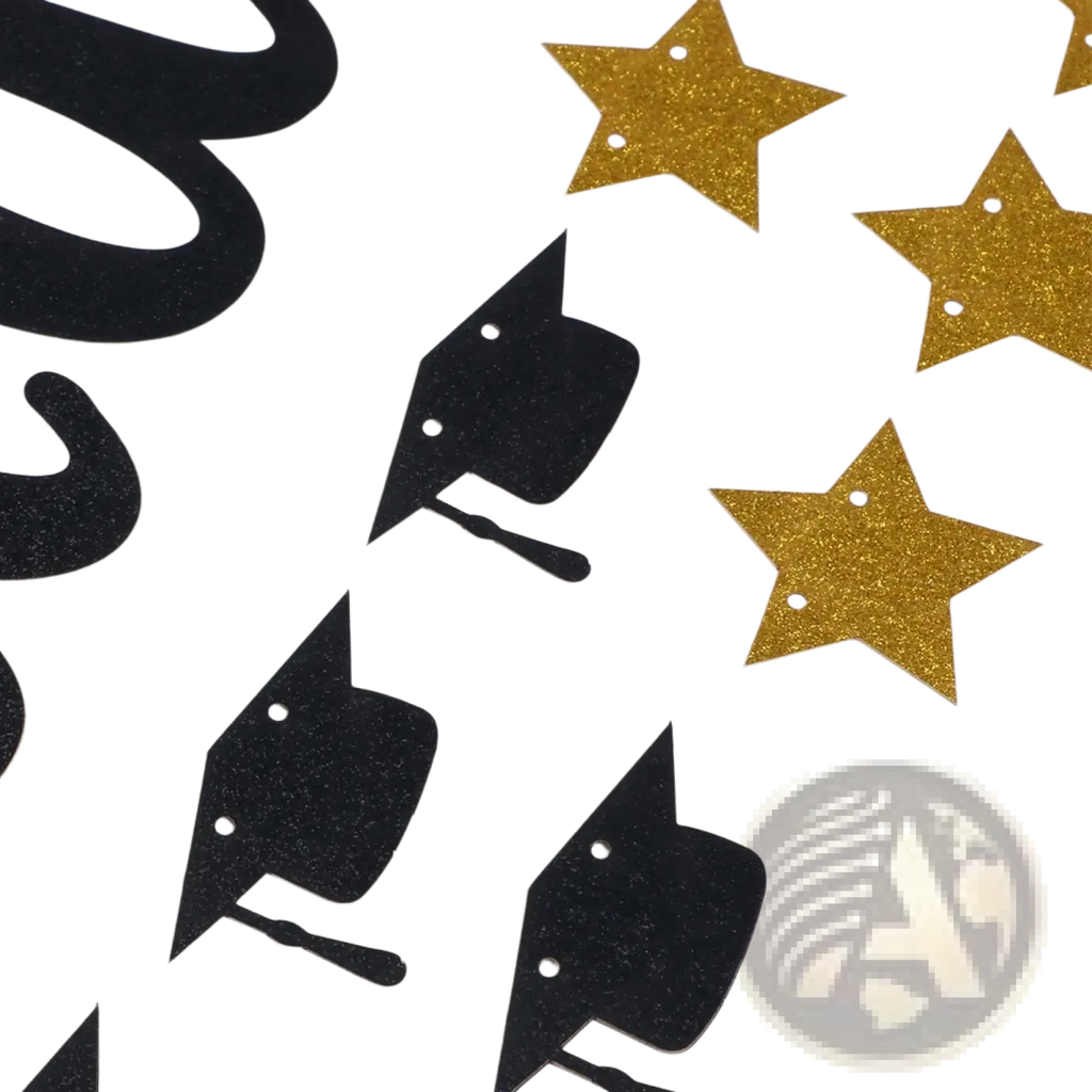 Black gold happy graduation banner featuring black glitter graduation caps and gold glitter stars for celebration decor