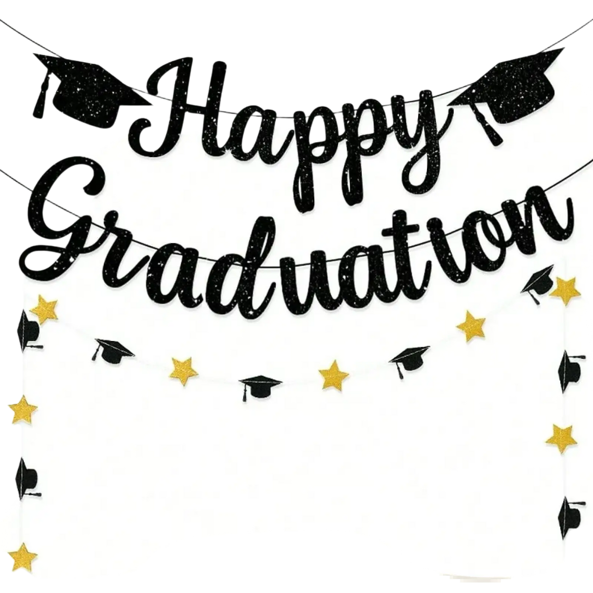 Black gold happy graduation banner with black glitter letters, graduation caps, and gold stars for celebration decor