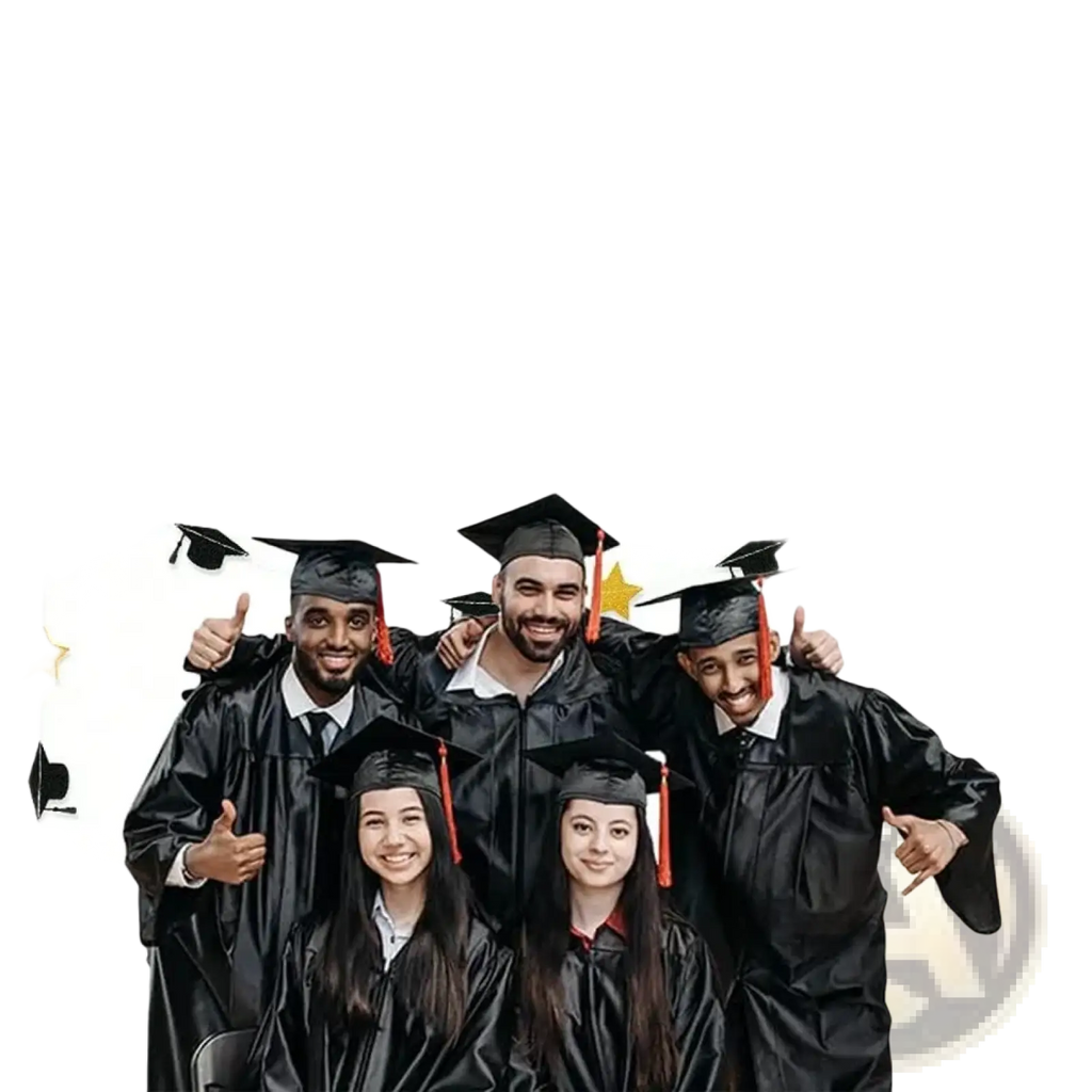 Black gold happy graduation banner featuring black glittery lettering with graduation caps and gold stars for celebrations
