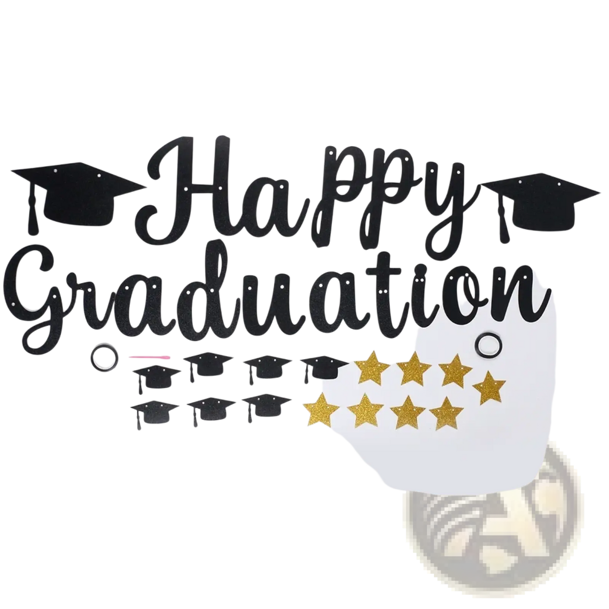 Black gold happy graduation banner featuring happy graduation text with mortarboard caps and glitter star decorations