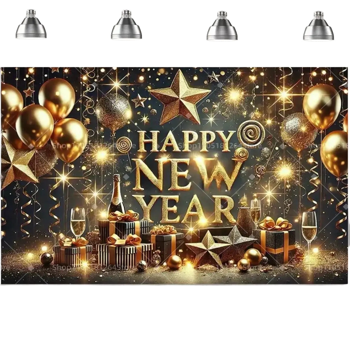 Black gold happy new year party backdrop featuring gold balloons stars champagne bottles and gift boxes for celebrations