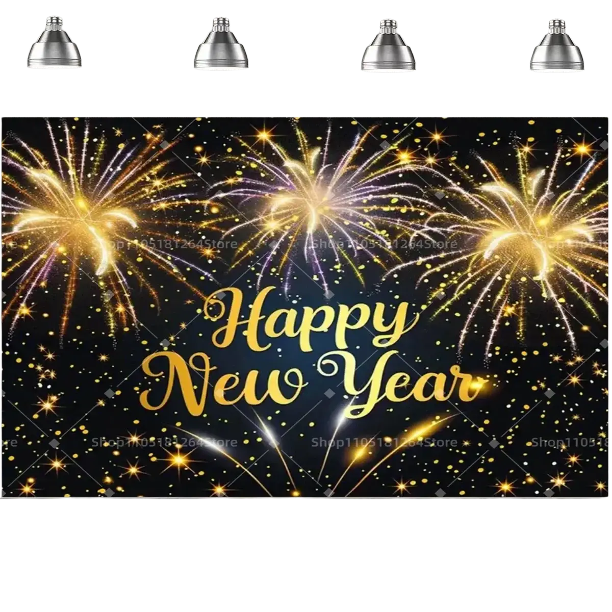 Black gold happy new year party backdrop featuring a vibrant fireworks design for festive celebrations
