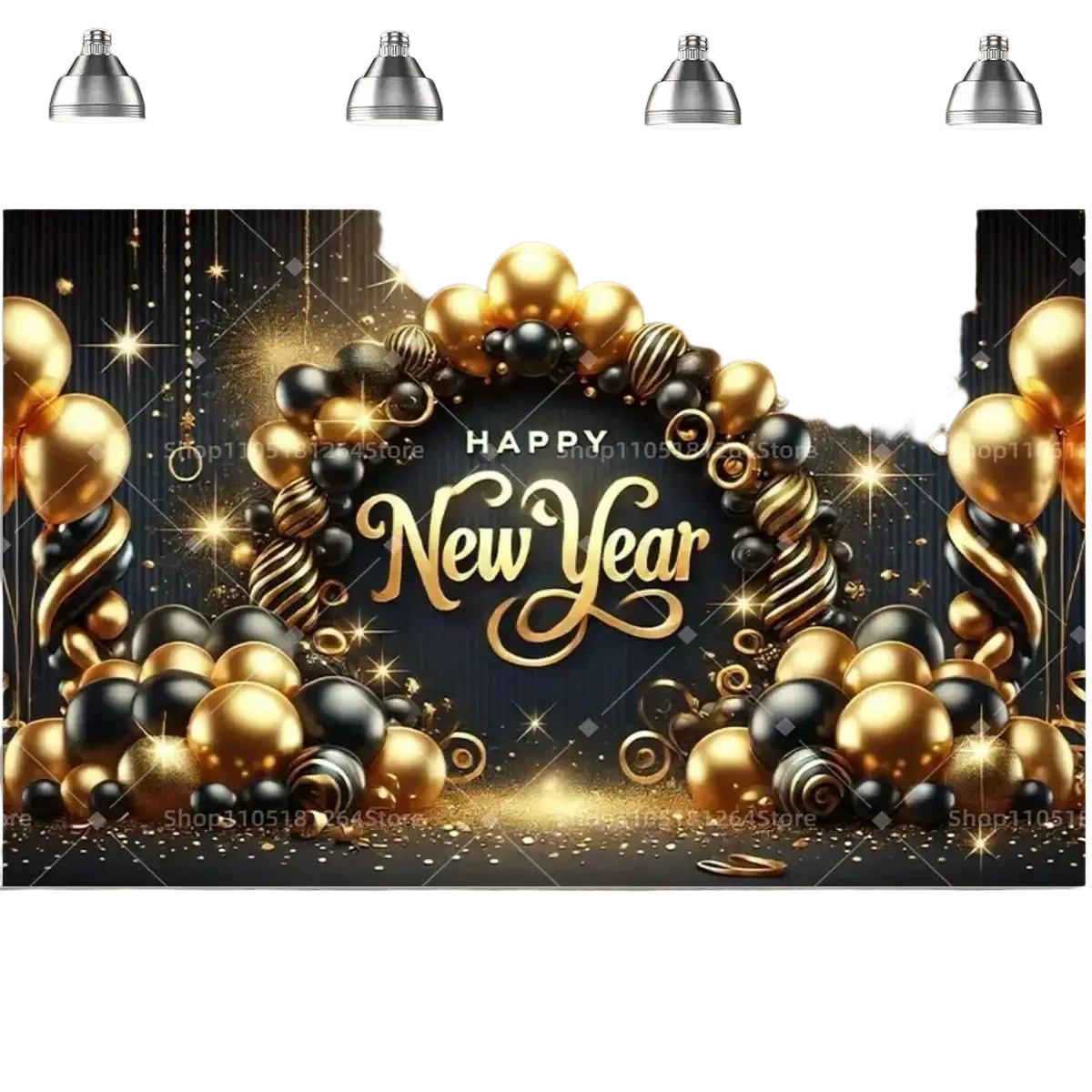 Black gold happy new year party backdrop with circular balloon arrangement glitter effects and elegant cursive lettering