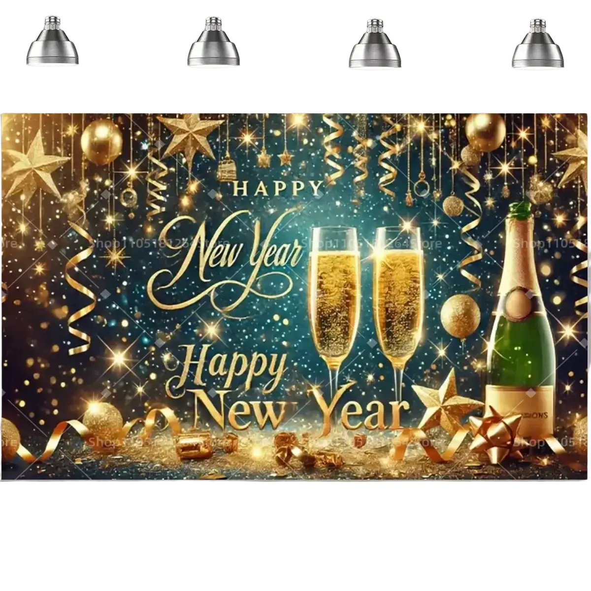 Black gold happy new year party backdrop featuring a gilded design with sparkling gold stars champagne flutes and bubbly bottle on teal background