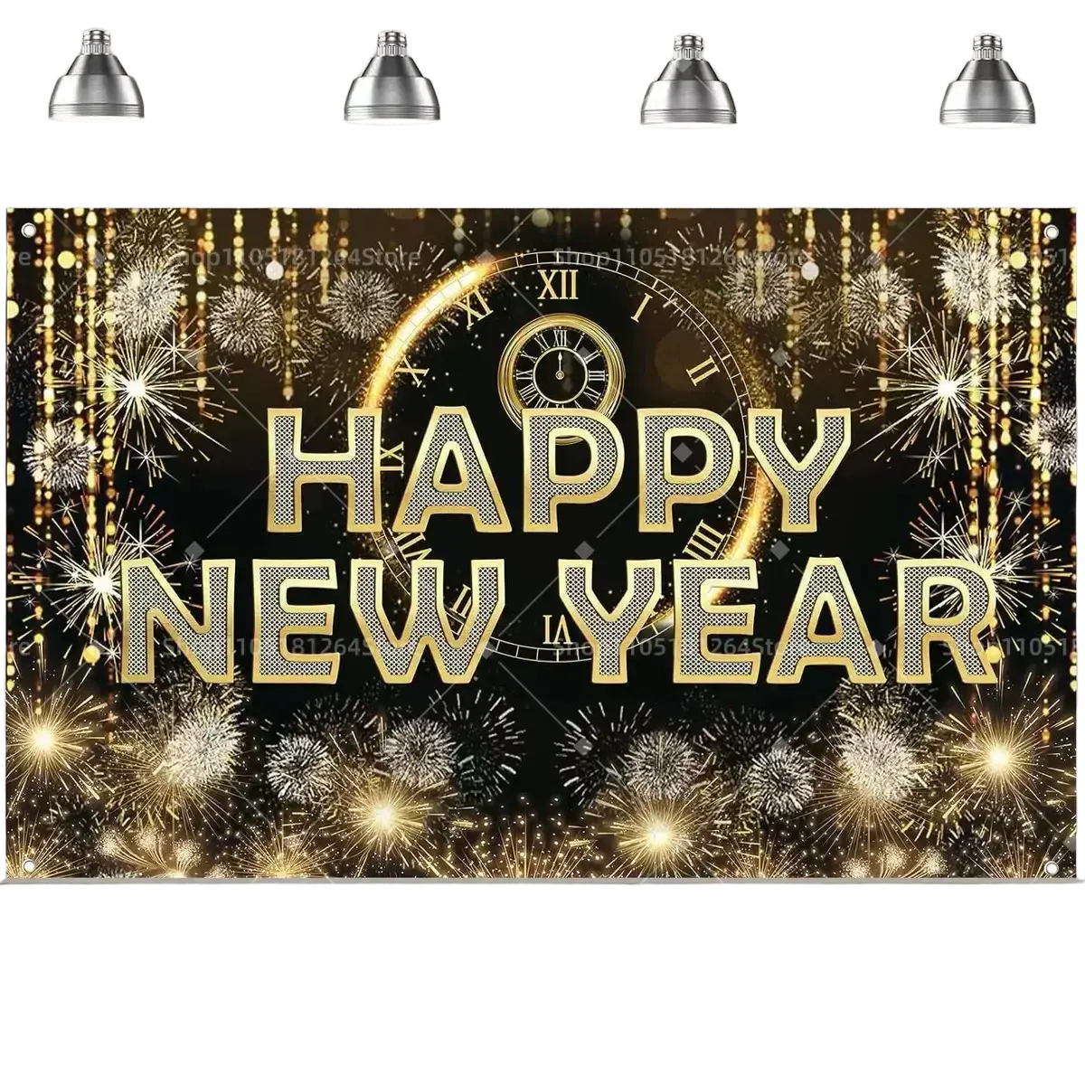Black gold happy new year party backdrop featuring a gold glittery happy new year banner with clock and fireworks design