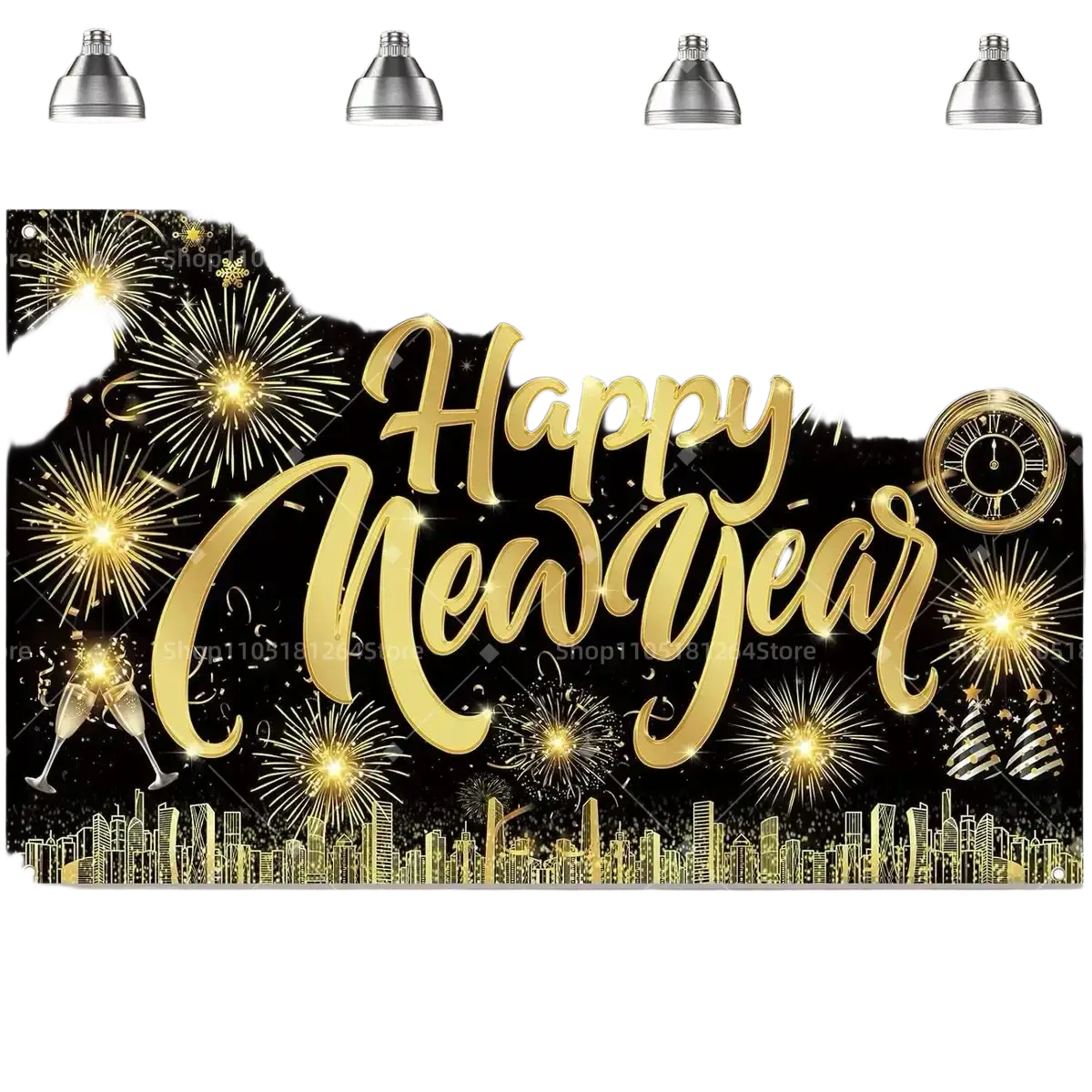 Black gold happy new year party backdrop with glossy gold banner, sparkling fireworks, clock, and champagne glasses on black
