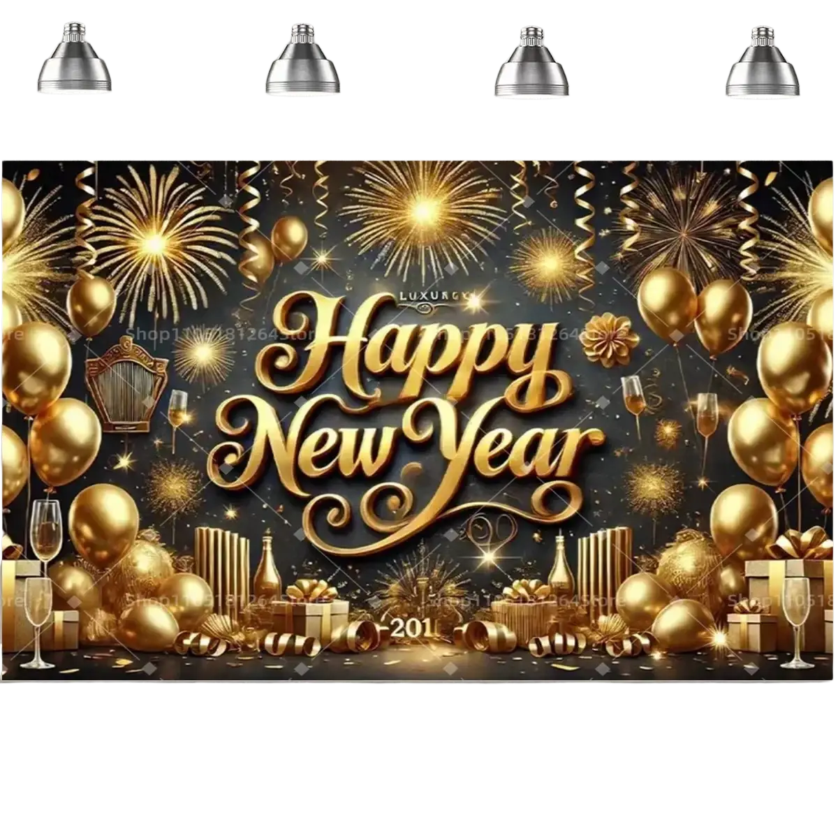 Black gold happy new year party backdrop featuring golden lettering with fireworks balloons and champagne glasses design