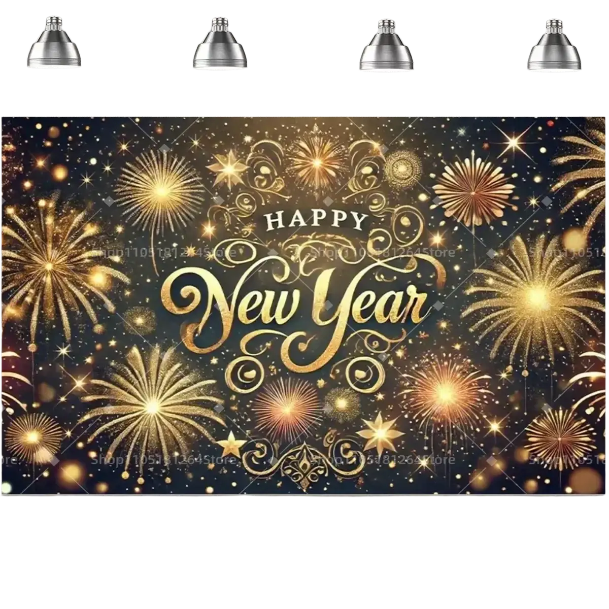 Black gold happy new year party backdrop with golden intricate fireworks and star designs on a dark background