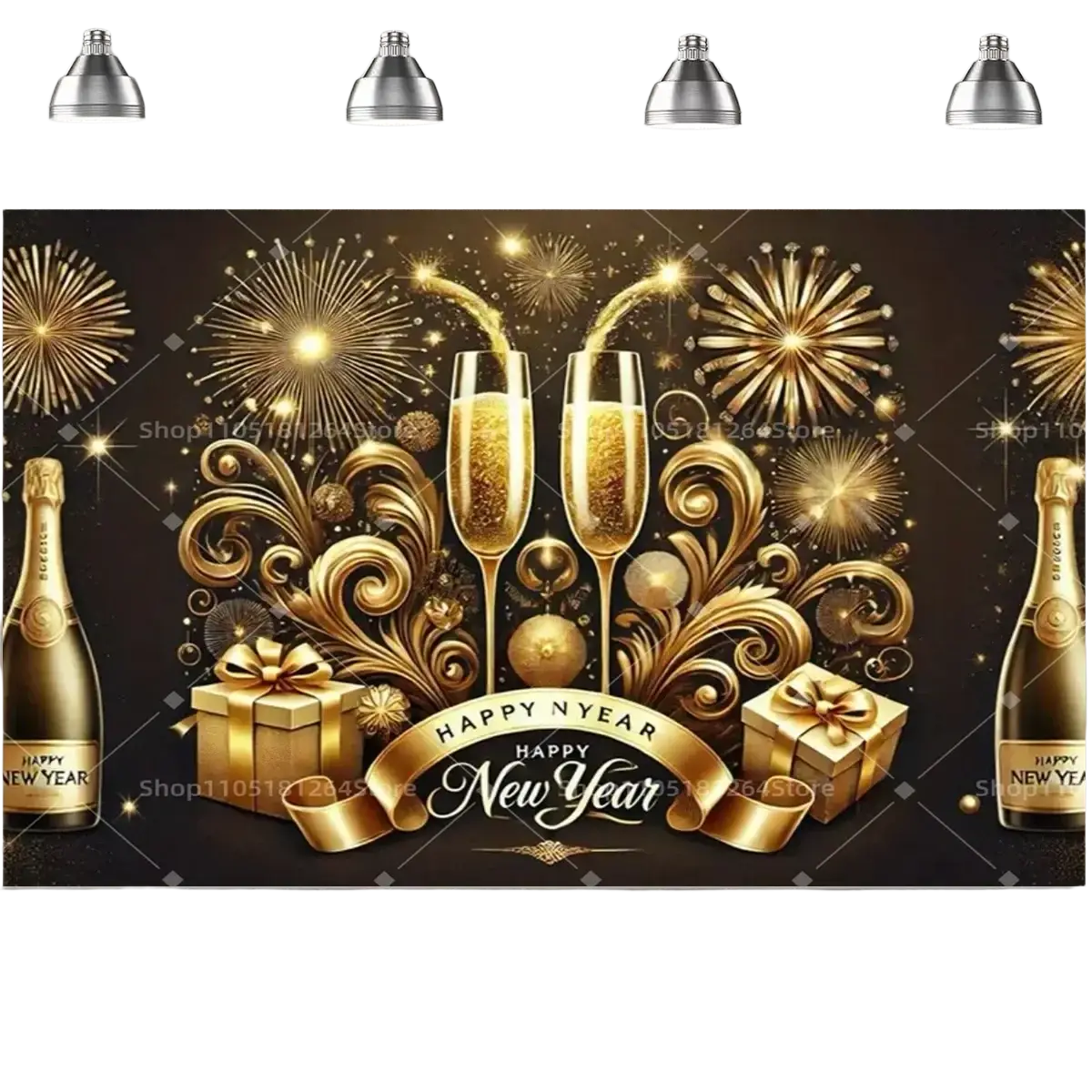 Black gold happy new year party backdrop featuring golden champagne flutes gift boxes and fireworks design