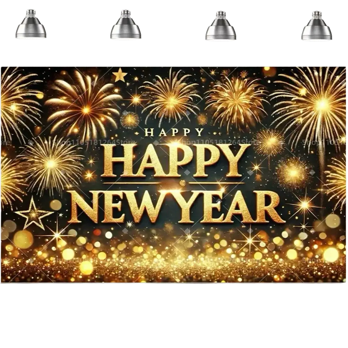 Black gold happy new year party backdrop featuring golden fireworks and glittering stars for festive celebrations