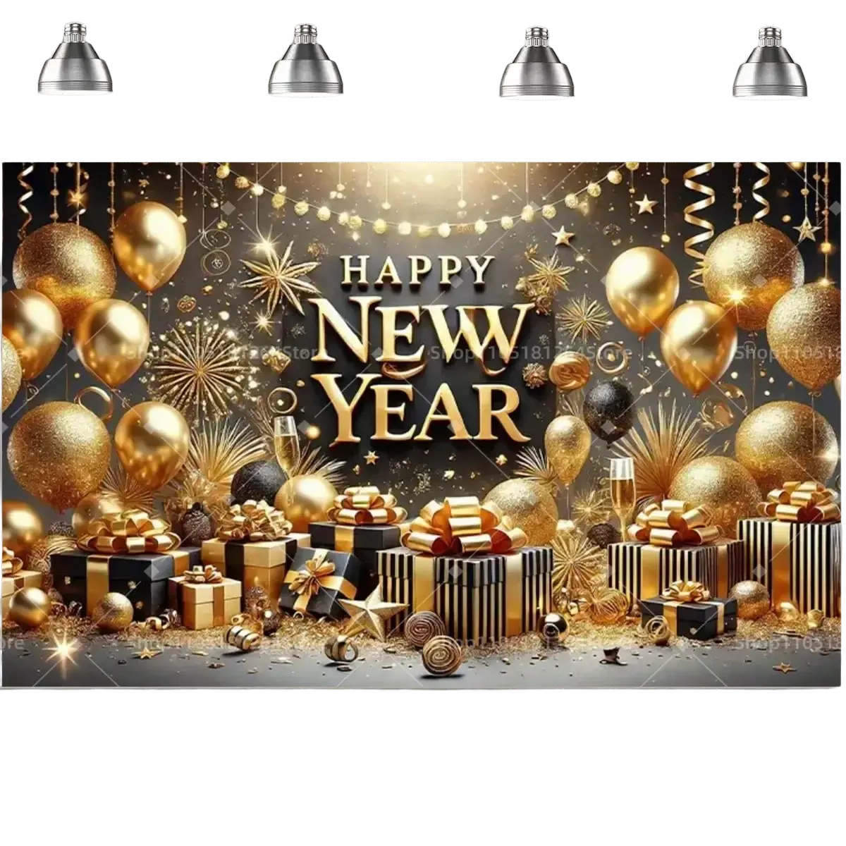 Black gold happy new year party backdrop with golden black glitter balloons gift boxes star decorations and confetti