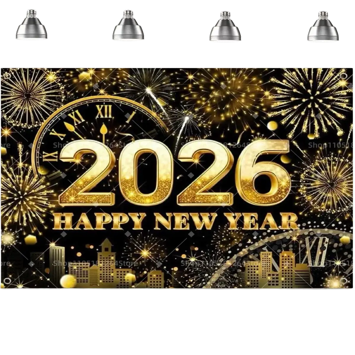 Black gold happy new year party backdrop with golden glittery 2026 design featuring fireworks and clock elements