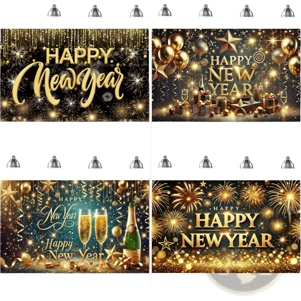 Black gold happy new year party backdrop featuring golden glittering fireworks balloons champagne flutes and festive decorations