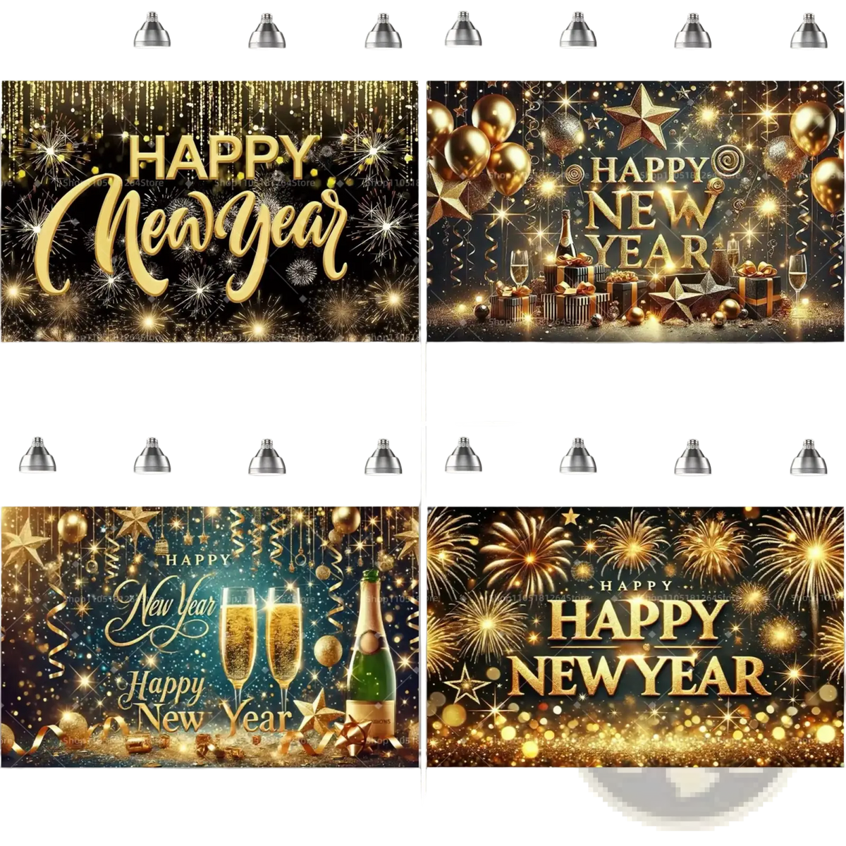 Black gold happy new year party backdrop featuring golden glittering fireworks balloons champagne flutes and festive decorations