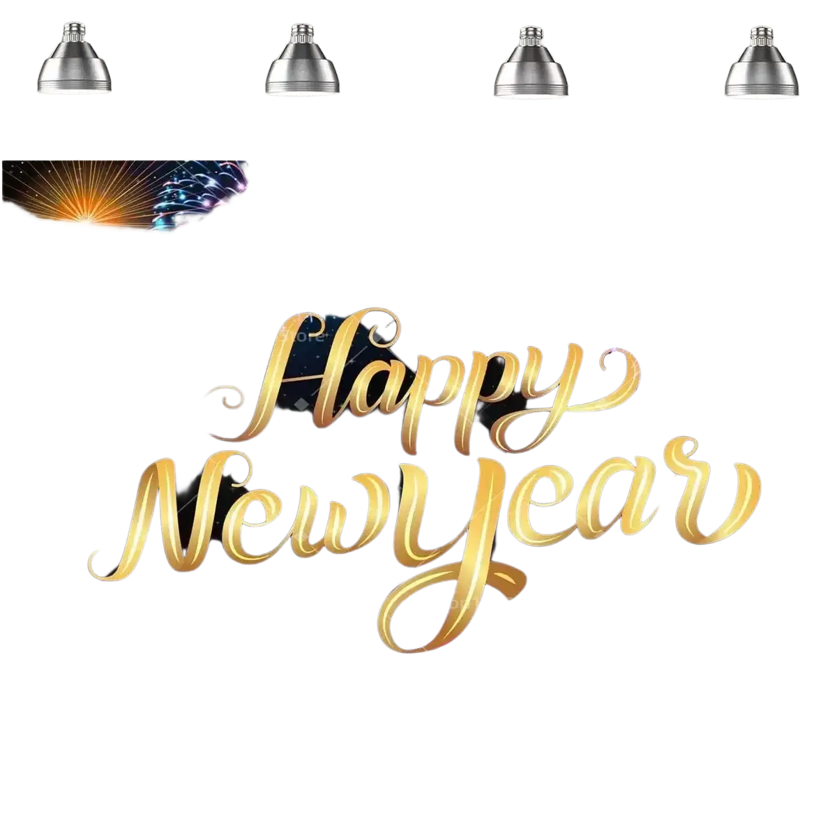 Black gold happy new year party backdrop featuring a golden happy new year banner with fireworks and city skyline