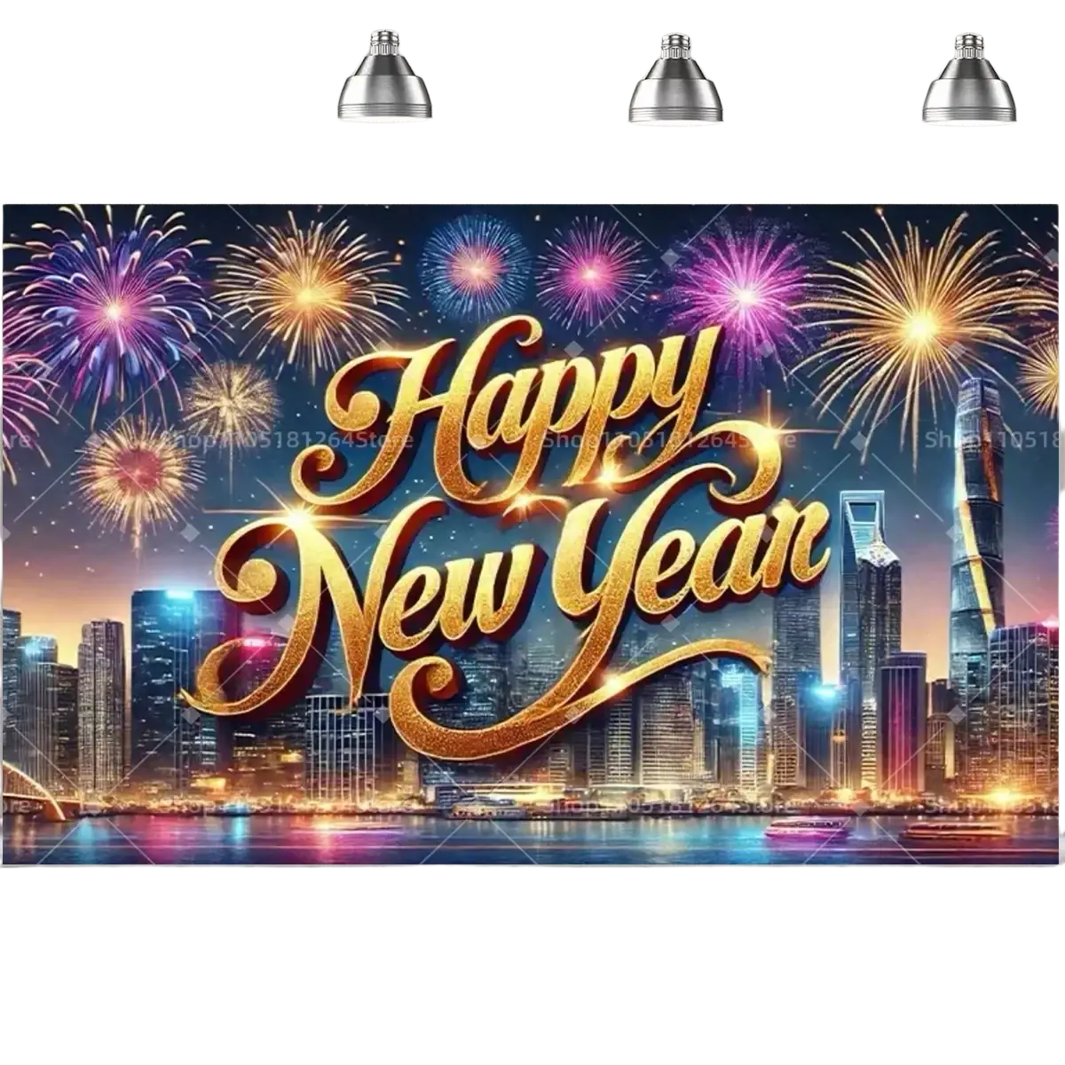 Black gold happy new year party backdrop with golden glittery banner and vibrant city skyline fireworks design