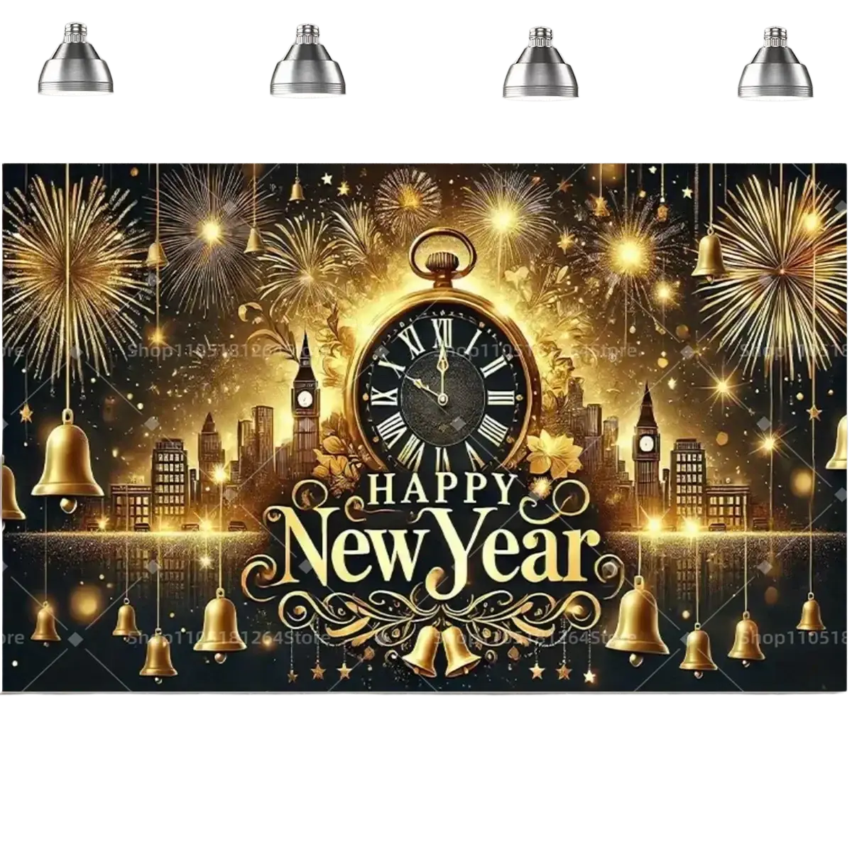 Black gold happy new year party backdrop featuring a golden pocket watch with roman numerals and ornate detailing