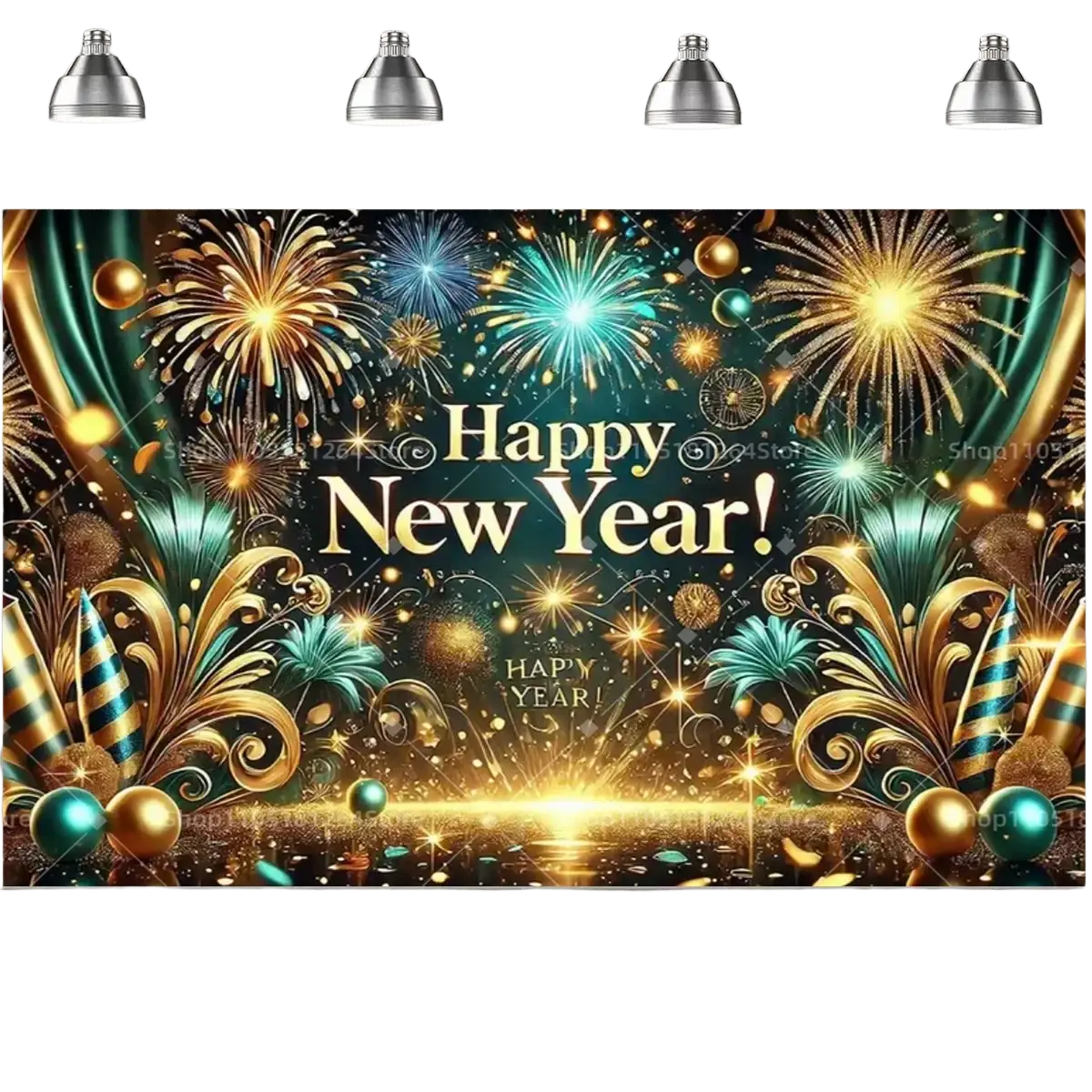 Black gold happy new year party backdrop featuring golden and teal fireworks with happy new year text design