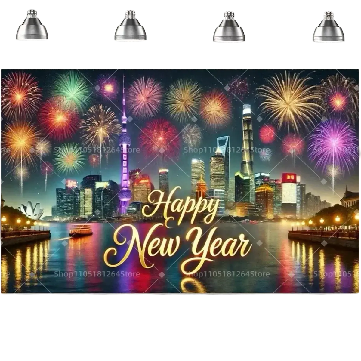 Black gold happy new year party backdrop fabric with vibrant city skyline and fireworks design for festive events