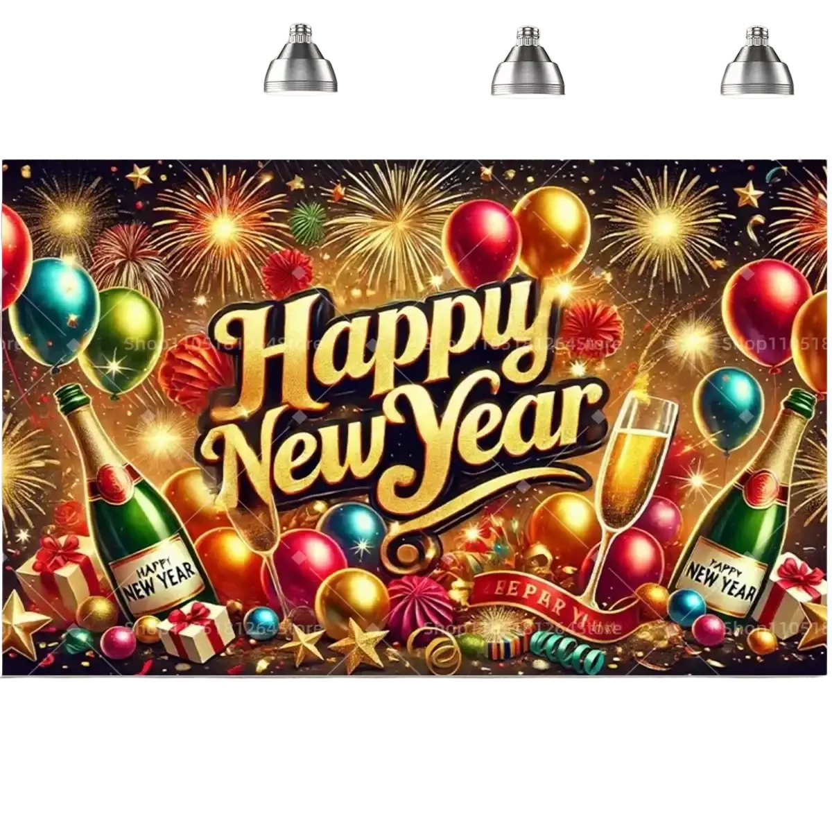 A vibrant gold happy new year party backdrop featuring festive balloons champagne bottles and fireworks in a celebratory design